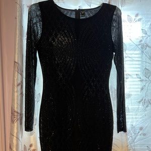 Large stone on mesh long sleeve mini dress